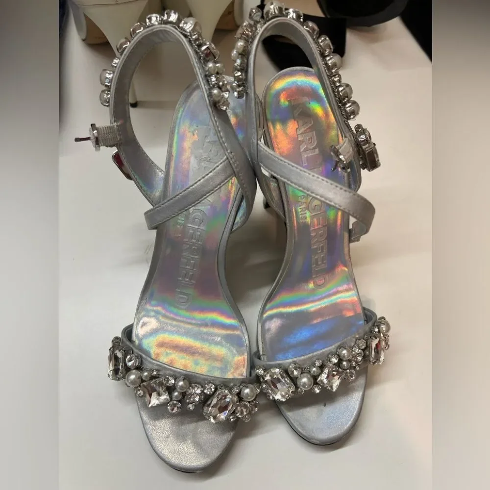 KARL LAGERFELD Silver Paris Calista rhinestones Ankle-Strap Heels Sandals Size 7